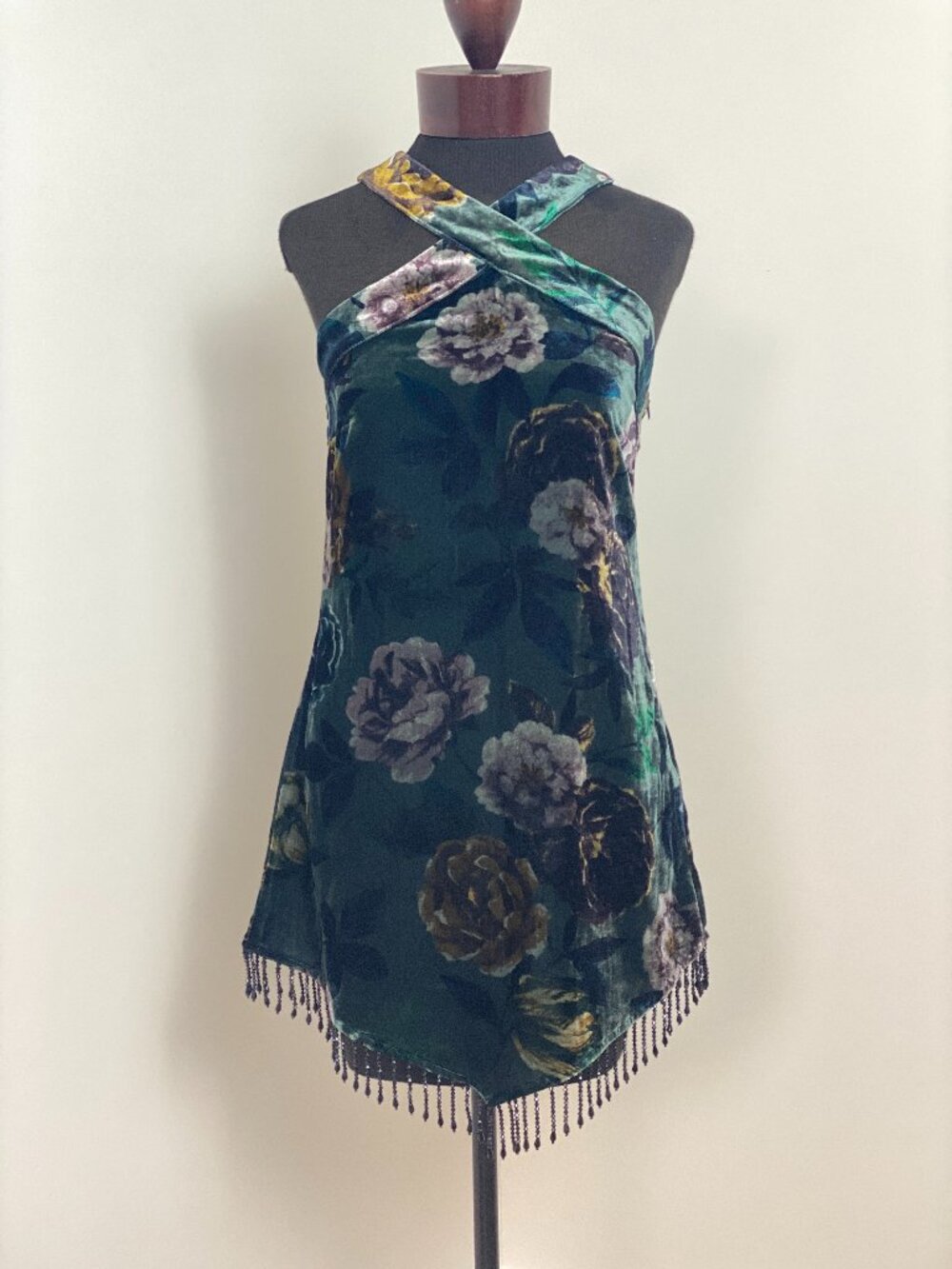 NWT Zara Velvet Floral Fringe Criss Cross Halter Top Green Pink S